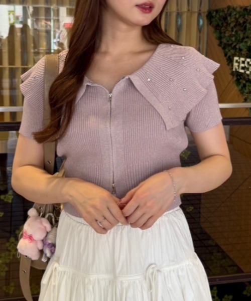 continuer de NICE CLAUP(コンティニューデナイスクラップ)の「キラキラBIG衿ZIPカーデ(Tシャツ/カットソー・レディース・ブルー/オフホワイト/ピンク/ブラック・FREE)」の9枚目の写真