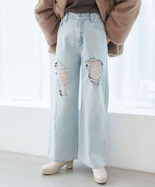 MAJESTIC LEGON(マジェスティックレゴン)の「キラキラレースダメージデニム(デニムパンツ・レディース・チャコールグレー/サックスブルー・SMALL/MEDIUM)」の8枚目の写真