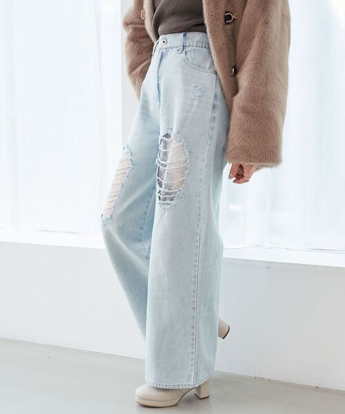 MAJESTIC LEGON(マジェスティックレゴン)の「キラキラレースダメージデニム(デニムパンツ・レディース・チャコールグレー/サックスブルー・SMALL/MEDIUM)」の9枚目の写真