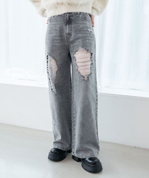 MAJESTIC LEGON(マジェスティックレゴン)の「キラキラレースダメージデニム(デニムパンツ・レディース・チャコールグレー/サックスブルー・SMALL/MEDIUM)」の14枚目の写真