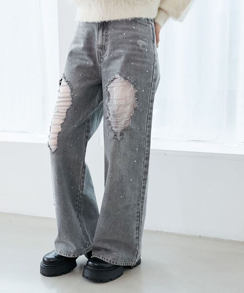 MAJESTIC LEGON(マジェスティックレゴン)の「キラキラレースダメージデニム(デニムパンツ・レディース・チャコールグレー/サックスブルー・SMALL/MEDIUM)」の15枚目の写真