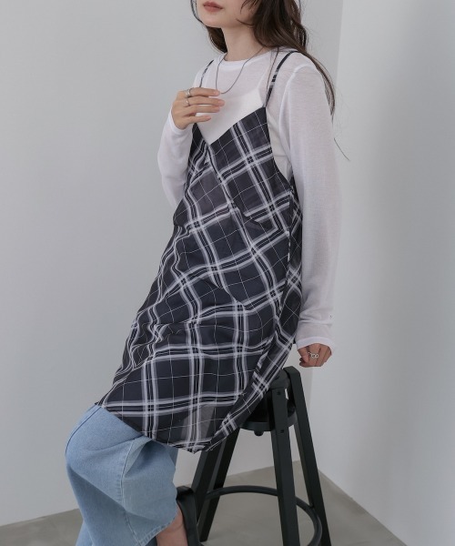 Bab(バブ)の「チェックシアーキャミミニワンピース(ワンピース・レディース・ブラック/オフホワイト・M)」の14枚目の写真
