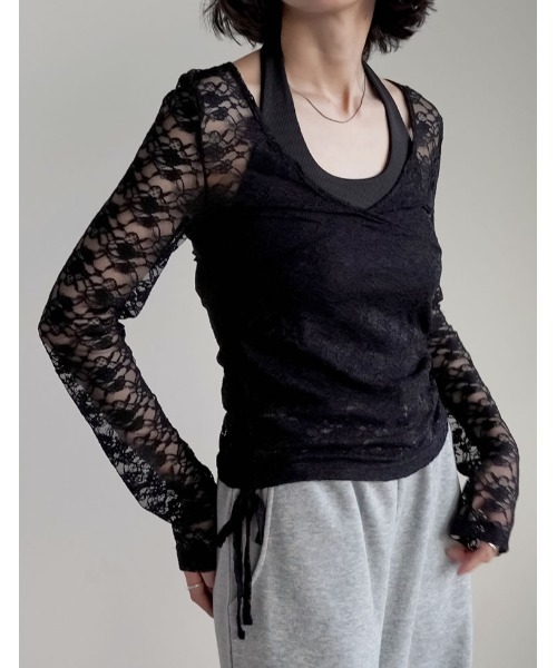 Re:EDIT（リエディ）の「[2025AW COLLECTION]カットレースカシュクールトップス（Tシャツ/カットソー・レディース・ブラック/アイボリー・MEDIUM/LARGE）」の4枚目の写真