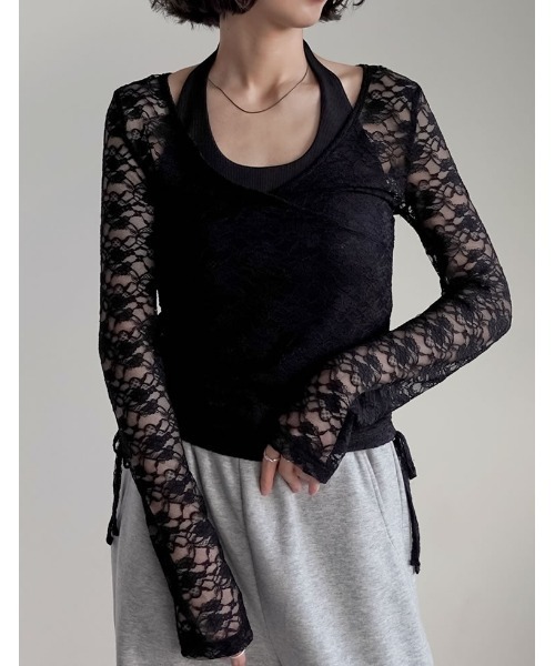 Re:EDIT（リエディ）の「[2025AW COLLECTION]カットレースカシュクールトップス（Tシャツ/カットソー・レディース・ブラック/アイボリー・MEDIUM/LARGE）」の5枚目の写真
