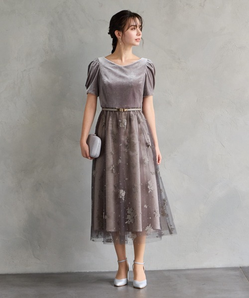 ベロアVネックラメフロッキーチュールギャザーフレアパーティードレス