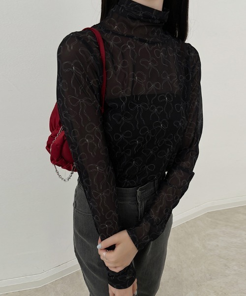 ONEP STAR(ワンピスター)の「リボンデザインタートルネックシアートップス(Tシャツ/カットソー・レディース・グレー/ブラック・MEDIUM)」の5枚目の写真
