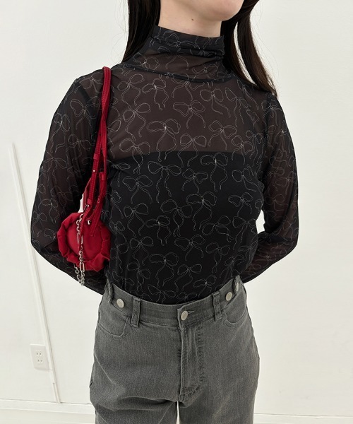 ONEP STAR(ワンピスター)の「リボンデザインタートルネックシアートップス(Tシャツ/カットソー・レディース・グレー/ブラック・MEDIUM)」の6枚目の写真