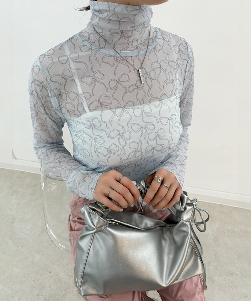 ONEP STAR(ワンピスター)の「リボンデザインタートルネックシアートップス(Tシャツ/カットソー・レディース・グレー/ブラック・MEDIUM)」の8枚目の写真