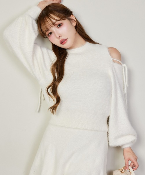 セール】肩あきリボンフェザーニット（ニット/セーター）｜one after