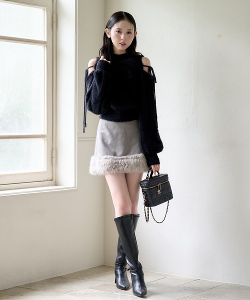 one after another NICE CLAUP（ワンアフターアナザーナイスクラップ）の「肩あきリボンフェザーニット（ニット/セーター・レディース・ベージュ/アイボリー/ブラック/ピンク・FREE）」の16枚目の写真
