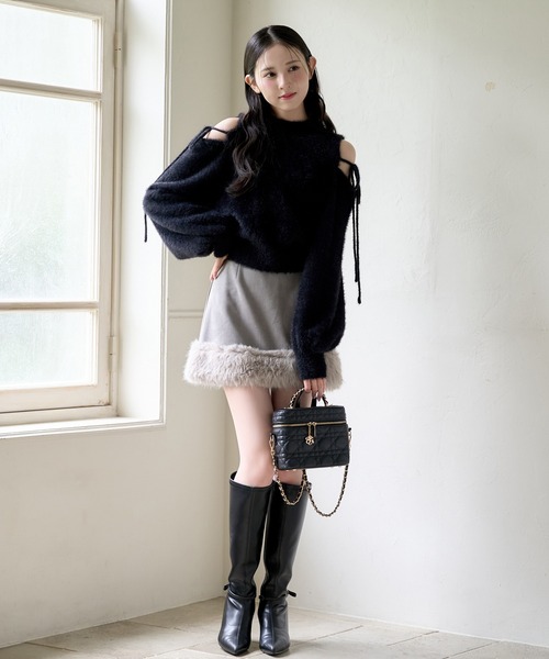 one after another NICE CLAUP（ワンアフターアナザーナイスクラップ）の「肩あきリボンフェザーニット（ニット/セーター・レディース・ベージュ/アイボリー/ブラック/ピンク・FREE）」の17枚目の写真