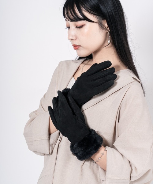 GALA　GLOVES（ガラ　グローブ）の「【GALA GLOVES/ガーラグローブ】ファー付き シープスキンレザー グローブ 手袋 スエード イタリア製（手袋・レディース・ブラック/ダークブラウン/モカ・7/7.5/8）」の14枚目の写真