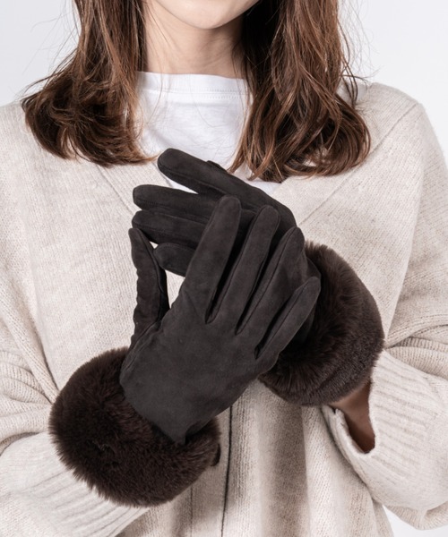GALA　GLOVES（ガラ　グローブ）の「【GALA GLOVES/ガーラグローブ】ファー付き シープスキンレザー グローブ 手袋 スエード イタリア製（手袋・レディース・ブラック/ダークブラウン/モカ・7/7.5/8）」の8枚目の写真