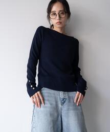 ボートネック袖金ボタンニット/A