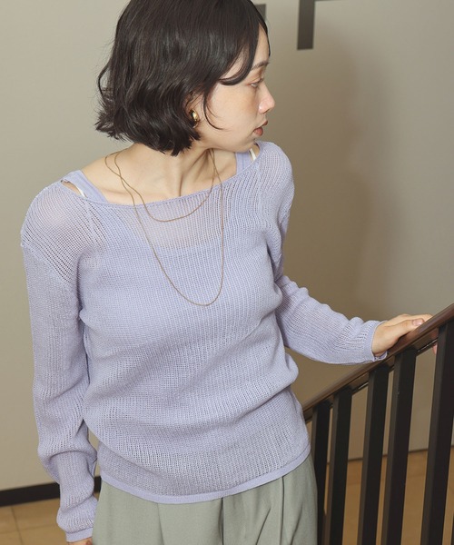Ampirula(アンピルーラ)の「シアーニット トップス 長袖 タンクトップ インナー 2点セット アンサンブル レイヤードトップス(ニット/セーター・レディース・ライトグレー/パープル/オフホワイト・FREE)」の1枚目の写真