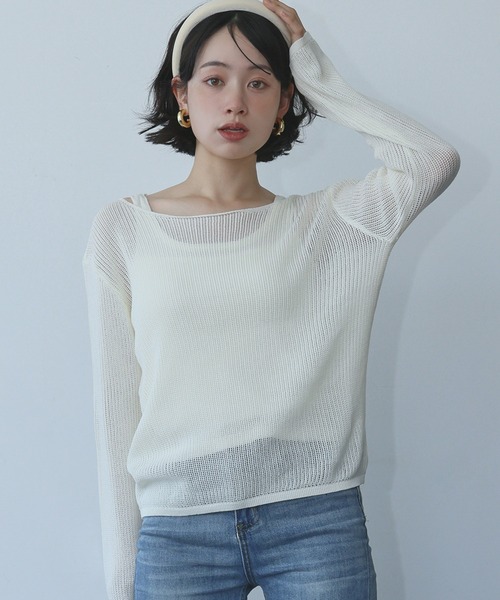 Ampirula(アンピルーラ)の「シアーニット トップス 長袖 タンクトップ インナー 2点セット アンサンブル レイヤードトップス(ニット/セーター・レディース・ライトグレー/パープル/オフホワイト・FREE)」の2枚目の写真