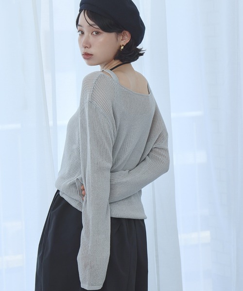 Ampirula(アンピルーラ)の「シアーニット トップス 長袖 タンクトップ インナー 2点セット アンサンブル レイヤードトップス(ニット/セーター・レディース・ライトグレー/パープル/オフホワイト・FREE)」の13枚目の写真