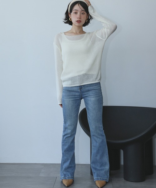 Ampirula(アンピルーラ)の「シアーニット トップス 長袖 タンクトップ インナー 2点セット アンサンブル レイヤードトップス(ニット/セーター・レディース・ライトグレー/パープル/オフホワイト・FREE)」の14枚目の写真