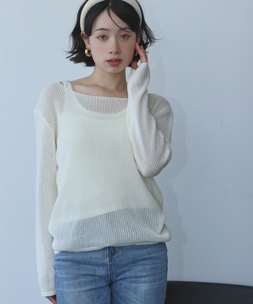 Ampirula(アンピルーラ)の「シアーニット トップス 長袖 タンクトップ インナー 2点セット アンサンブル レイヤードトップス(ニット/セーター・レディース・ライトグレー/パープル/オフホワイト・FREE)」の15枚目の写真