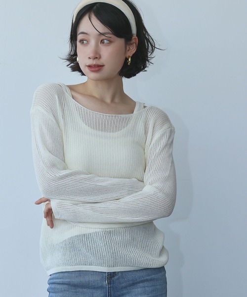 Ampirula(アンピルーラ)の「シアーニット トップス 長袖 タンクトップ インナー 2点セット アンサンブル レイヤードトップス(ニット/セーター・レディース・ライトグレー/パープル/オフホワイト・FREE)」の16枚目の写真