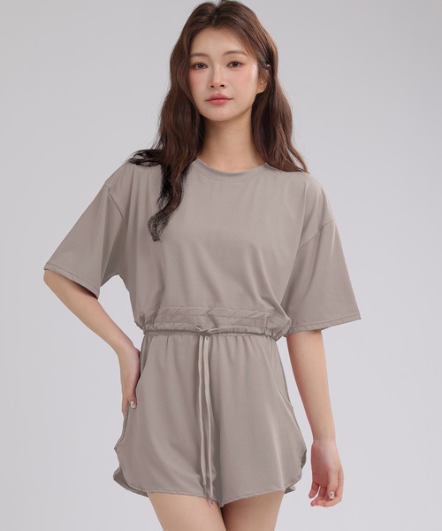 HYSSHOP（エイチワイエスショップ）の「レディース 半袖クロップド丈ドロストヨガトップス+ショートパンツ 上下2点セット［ヨガ/フィットネス/ピラティス/ダンス/ジム］[トレーニングウェア/ジムウェア/ピラティスウェア]（その他トップス・レディース・ピンク/ライトグレー/グレイッシュベージュ/ブラック・LL/M/S/L）」の3枚目の写真