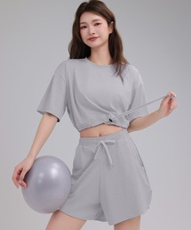 レディース 半袖クロップド丈ドロストヨガトップス+ショートパンツ 上下2点セット［ヨガ/フィットネス/ピラティス/ダンス/ジム］[トレーニングウェア/ジムウェア/ピラティスウェア]