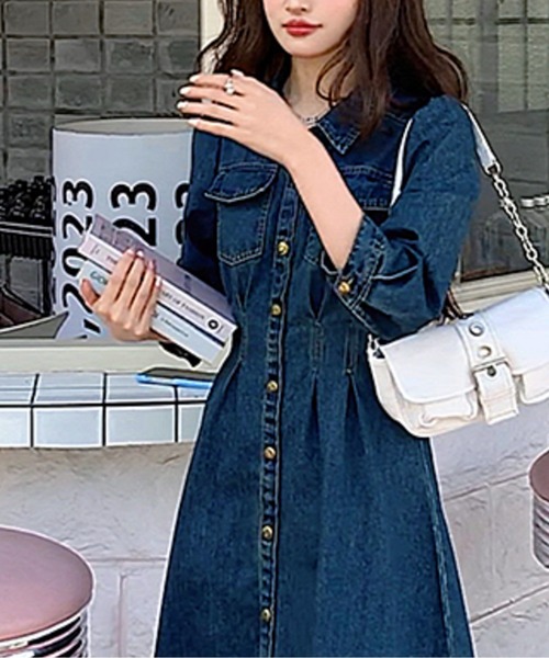 デニムウエストマークロングワンピース