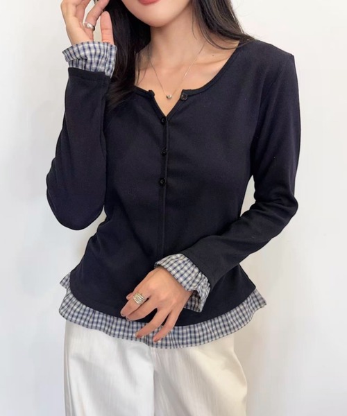 LADY LIKE(レディライク)の「重ね着風チェック切替えトップス(Tシャツ/カットソー・レディース・チャコールグレー/ネイビー/アイボリー・M)」の3枚目の写真