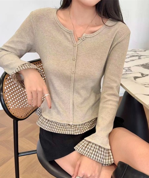LADY LIKE(レディライク)の「重ね着風チェック切替えトップス(Tシャツ/カットソー・レディース・チャコールグレー/ネイビー/アイボリー・M)」の1枚目の写真