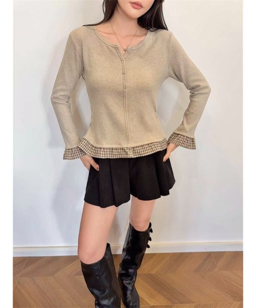 LADY LIKE(レディライク)の「重ね着風チェック切替えトップス(Tシャツ/カットソー・レディース・チャコールグレー/ネイビー/アイボリー・M)」の4枚目の写真