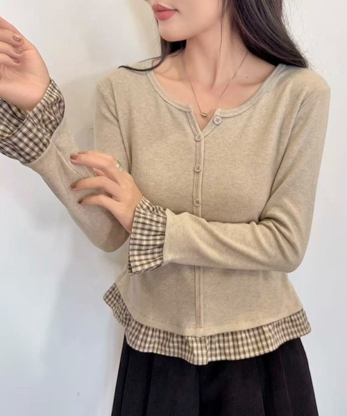 LADY LIKE(レディライク)の「重ね着風チェック切替えトップス(Tシャツ/カットソー・レディース・チャコールグレー/ネイビー/アイボリー・M)」の5枚目の写真