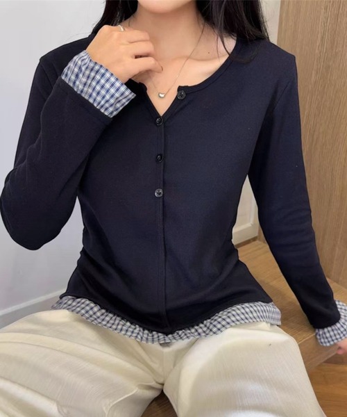 LADY LIKE(レディライク)の「重ね着風チェック切替えトップス(Tシャツ/カットソー・レディース・チャコールグレー/ネイビー/アイボリー・M)」の7枚目の写真