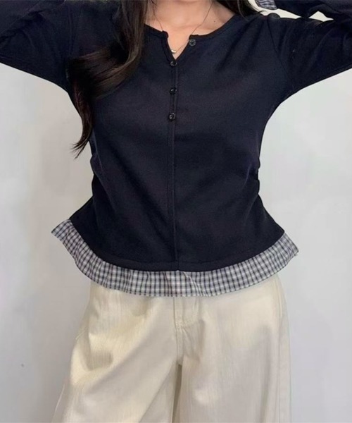 LADY LIKE(レディライク)の「重ね着風チェック切替えトップス(Tシャツ/カットソー・レディース・チャコールグレー/ネイビー/アイボリー・M)」の9枚目の写真