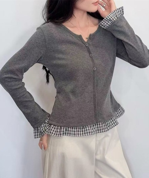 LADY LIKE(レディライク)の「重ね着風チェック切替えトップス(Tシャツ/カットソー・レディース・チャコールグレー/ネイビー/アイボリー・M)」の11枚目の写真