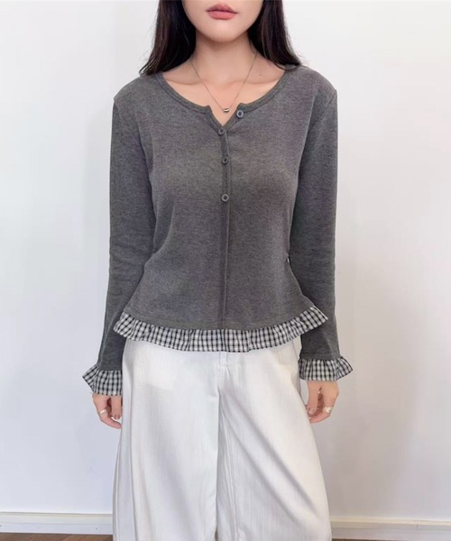 LADY LIKE(レディライク)の「重ね着風チェック切替えトップス(Tシャツ/カットソー・レディース・チャコールグレー/ネイビー/アイボリー・M)」の12枚目の写真