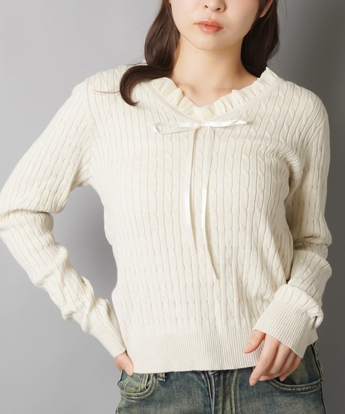 ジプソフィア　Gypsohila ケーブル　白リボンニット　丸首セーター　完売品 ケーブルニット/フリルリボン/ロマンスパンク（ニット/セーター