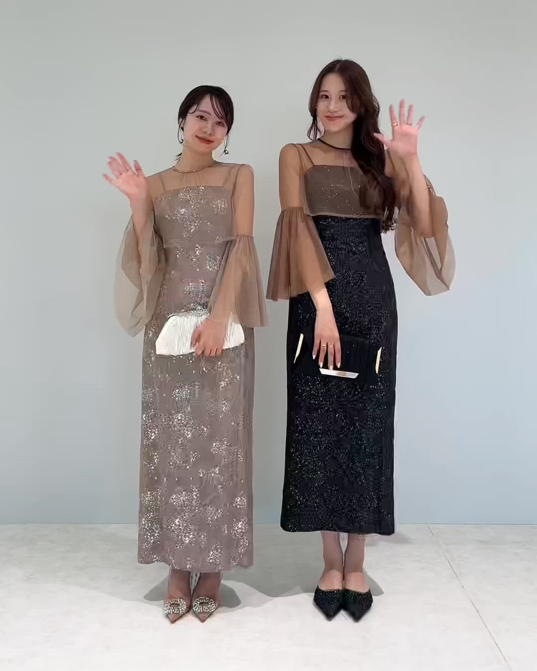 【LEJA】シアーチュールベルスリーブペイントIラインワンピースドレス2点セット LEJA】シアーチュールベルスリーブペイントIラインワンピースドレス2点