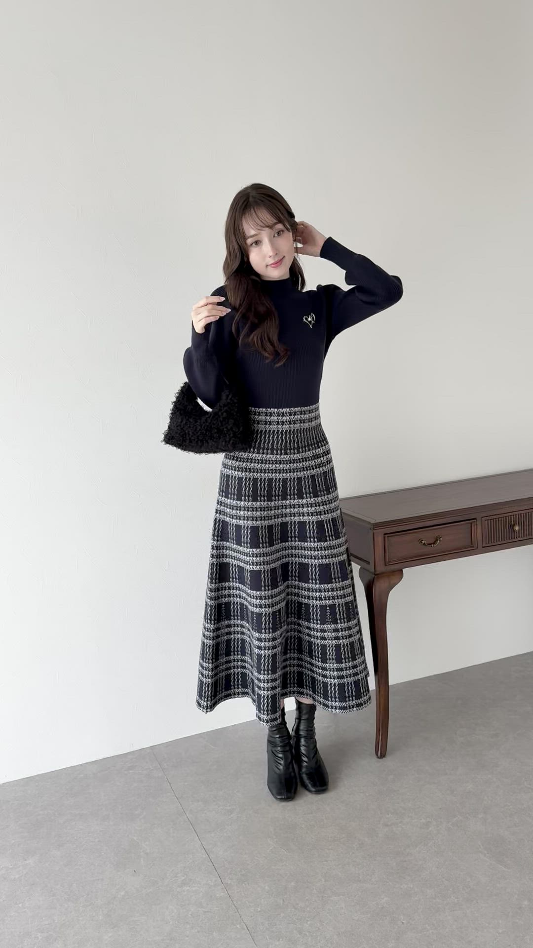 セール】《新柄追加／選べる着丈》チェックジャガードニットワンピース