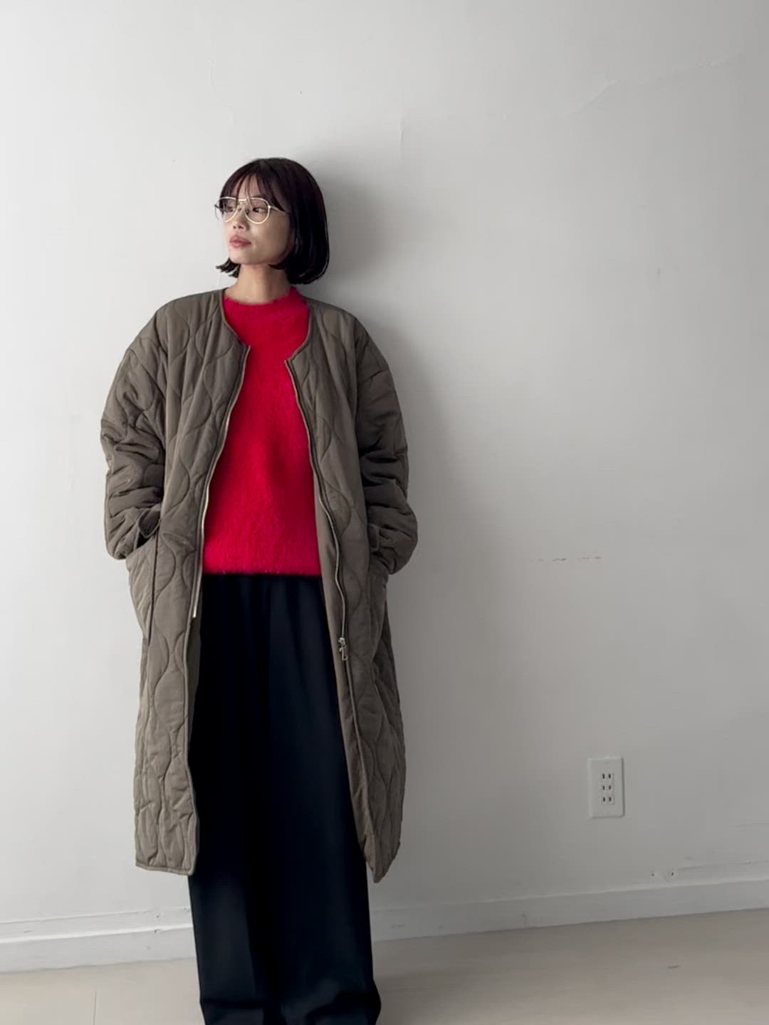 セール】ノーカラーキルティングロングコート（ダウンジャケット