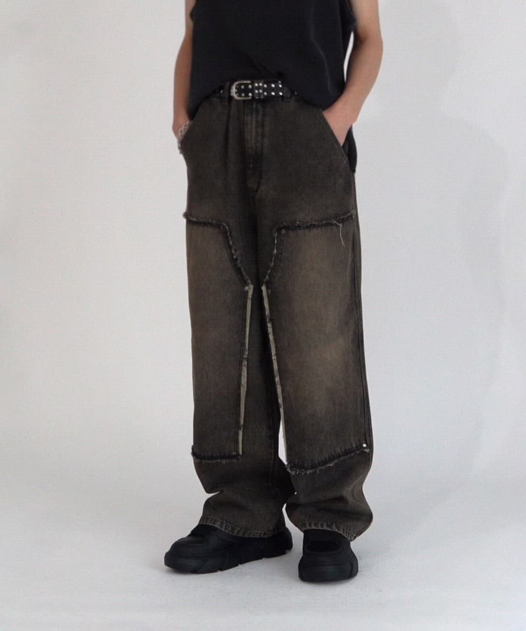 セール】Vintage Design Fringe Double Knee Denim - ヴィンテージ