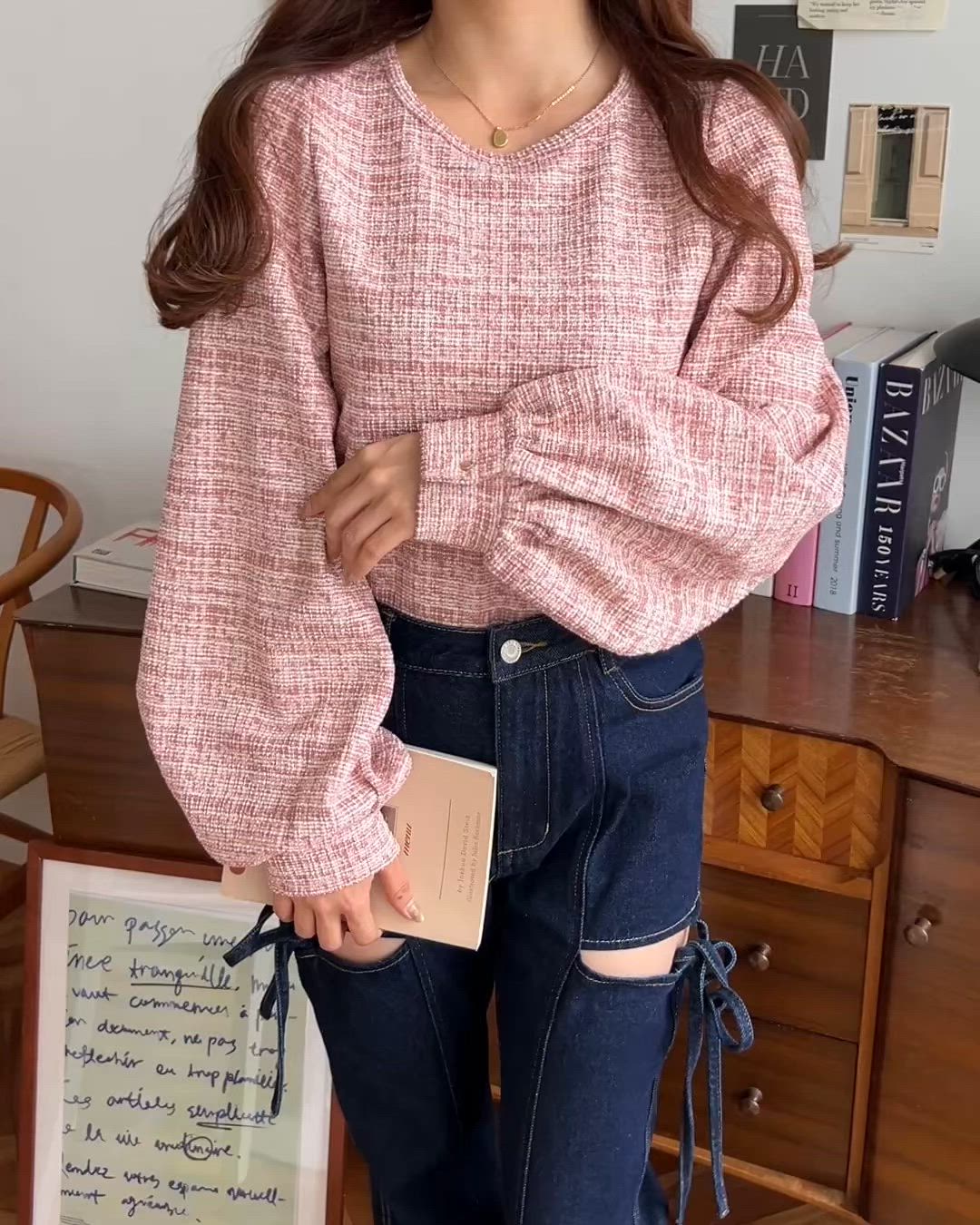 セール】ボリュームスリーブカラーツイードプルオーバー（シャツ