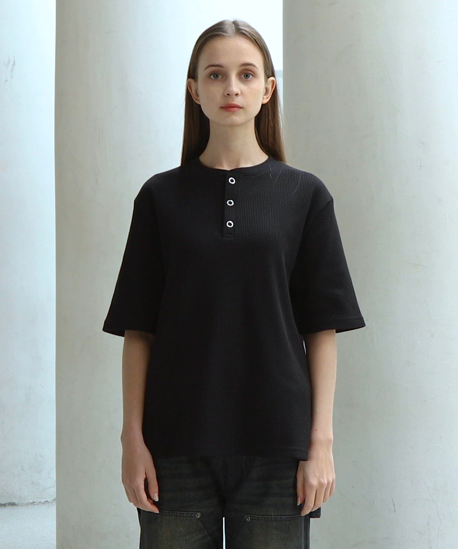 サーマルデザインカットソー♡ブラック select MOCA（セレクトモカ） tシャツ サーマルヘンリーネックビッグ