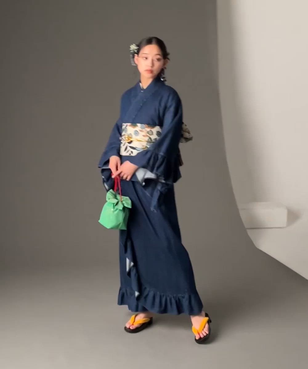 綿100％デニム浴衣(花柄半襟付き)+帯　 GEVS. GEVS.（ジェイヴィス） 浴衣 1人で着られる綿100％2WAYデニム浴衣(花柄