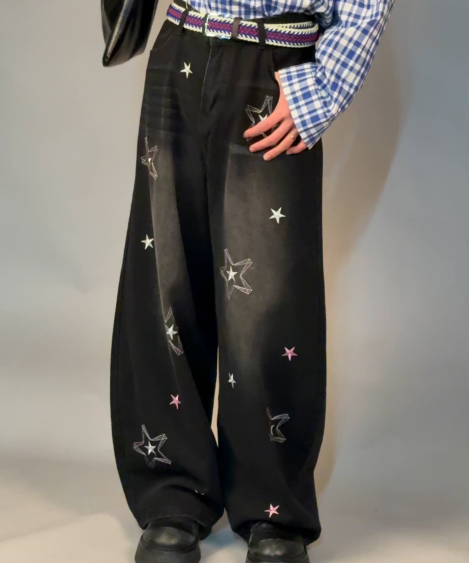 セール】HOOK -select- スター刺繍デザイン ワイドデニムパンツ