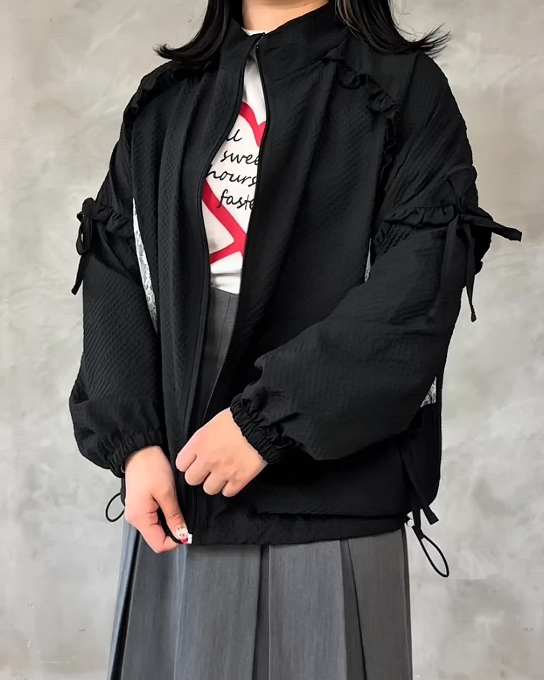 COEL レース切替ブルゾン セール】レース切り替えチェックフリルリボンナイロンブルゾン