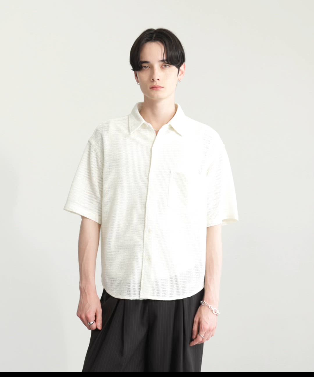 LUENNA】Openwork Half Sleeve Regular Collar Shirt / 透かし編み半袖