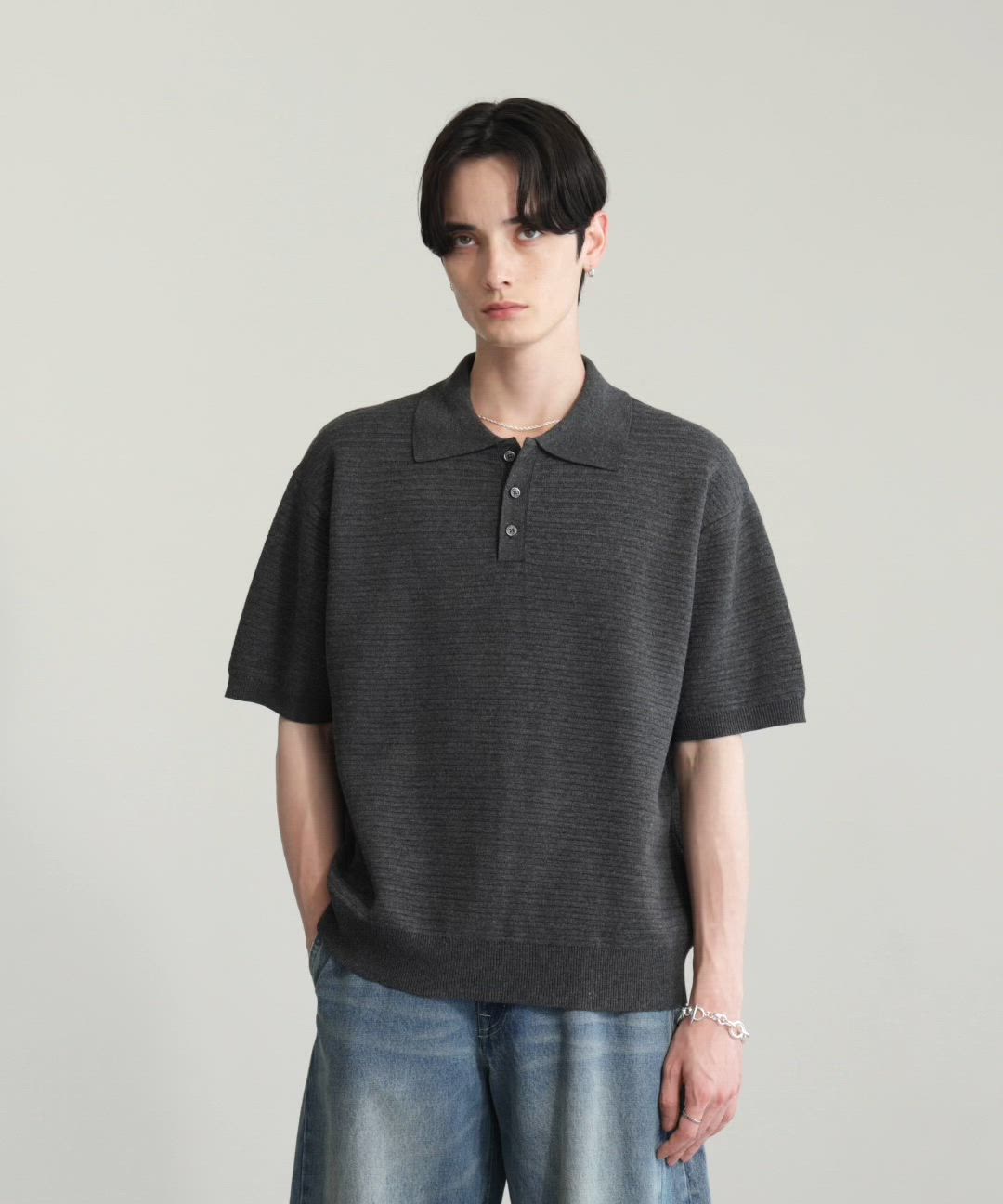 LUENNA】Textured Half Sleeve Knit Polo Shirt / テクスチャード半袖