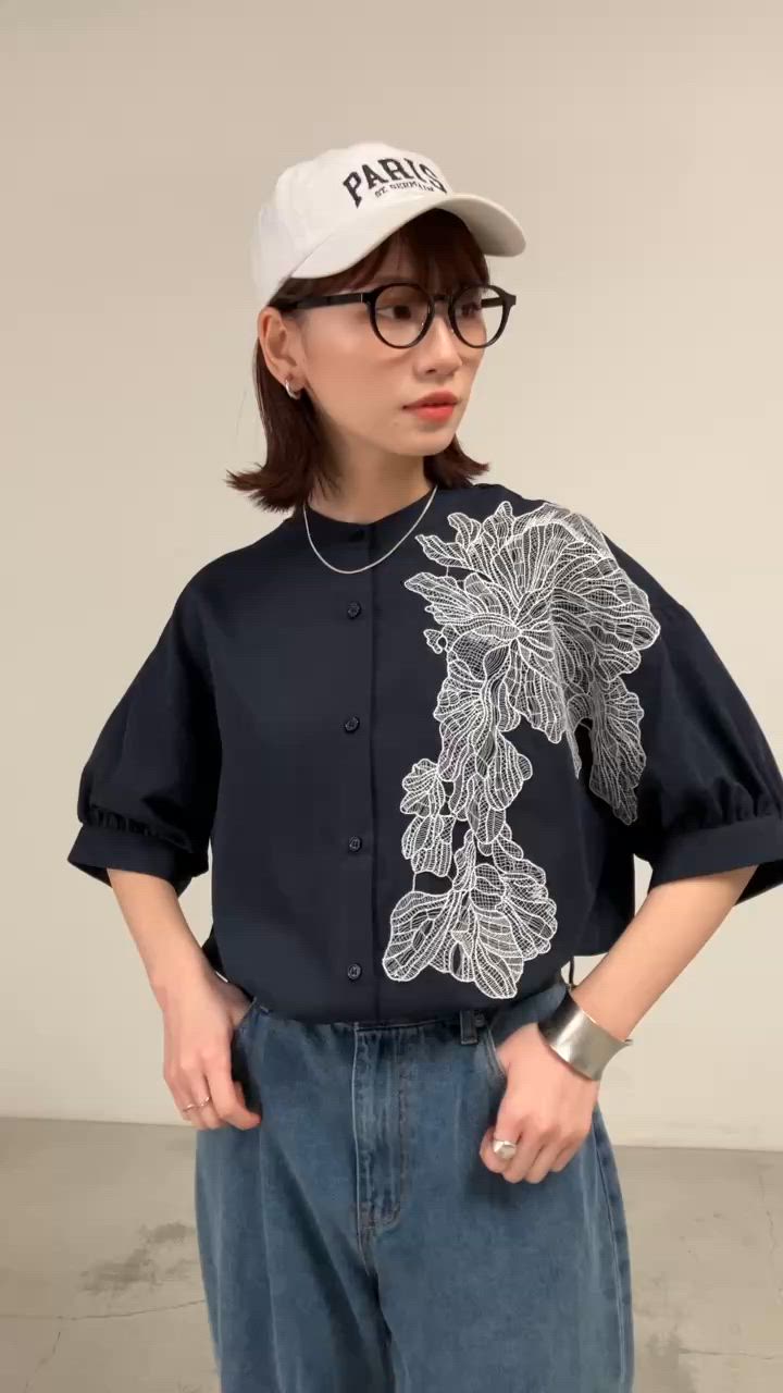 フラワーレースボリュームスリーブバンドカラーシャツ（シャツ