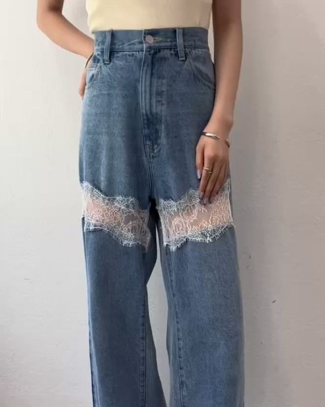 セール】【ウエスト調整可能！】レース切替デニム（デニムパンツ