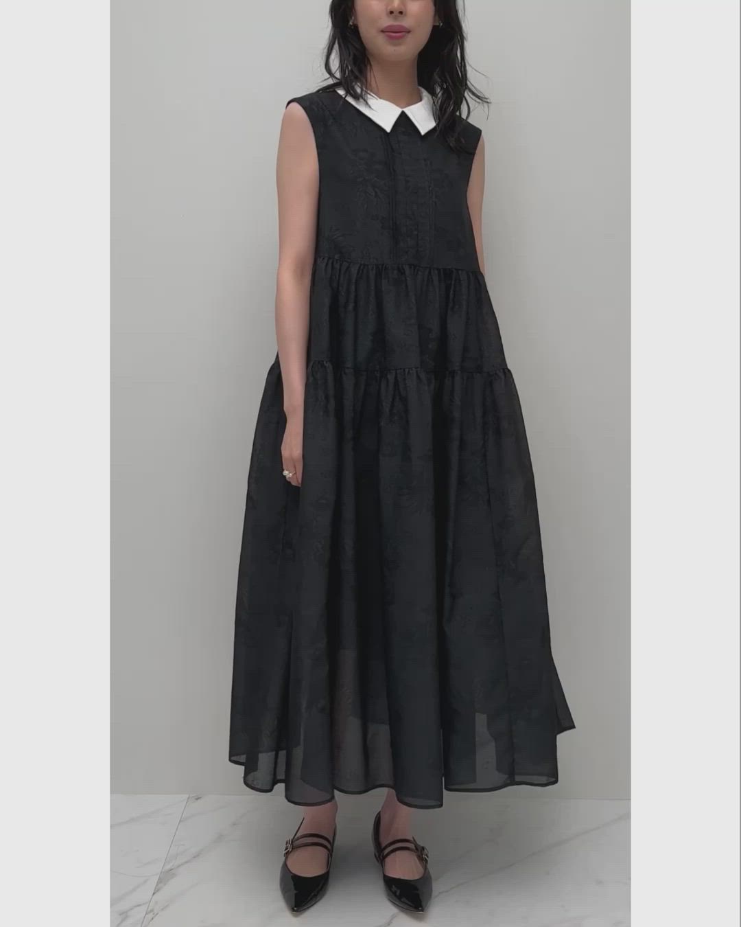 洗える 2WAY ｜ 襟付き シアー ジャカード ギャザー フレア ワンピース